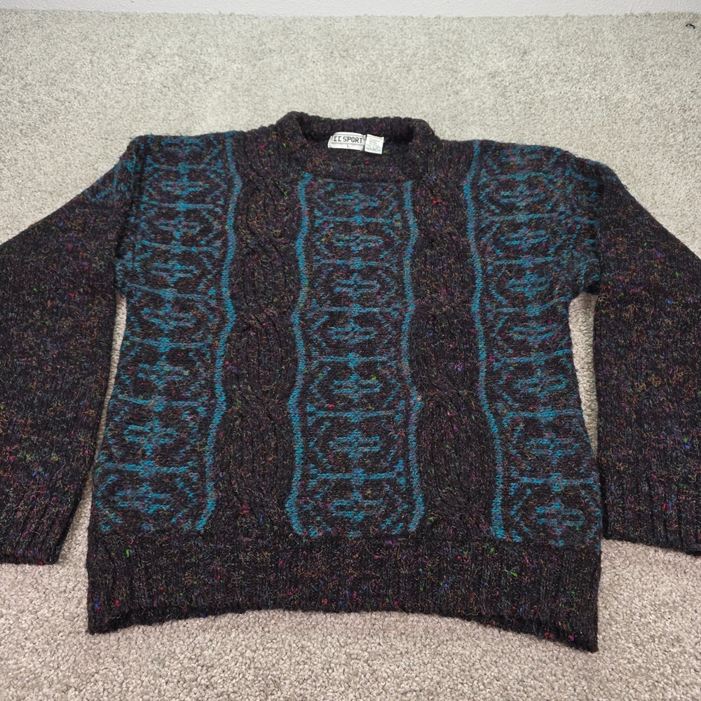 CC Sport Vintage Cable‎ Knit Confetti Sweater Teal Geometric Wool Blend Large